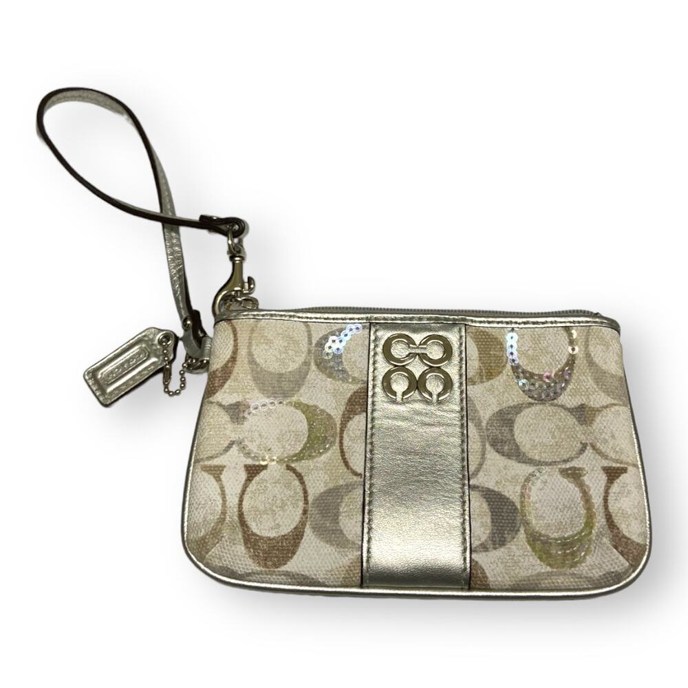 Coach Julia White Beige Silver Sequins Monogram Zip Wristlet Wallet